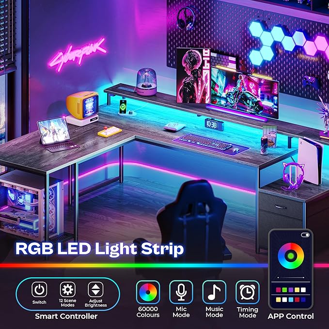 PRAISUN 66 Inch L Shaped Computer Desk with Power Outlets and LED Lights, Home Office Desk with Fabric Drawers and Print Stand, L Shape or Long Set up, Monitor Stand, Mesh CPU Stand, Grey