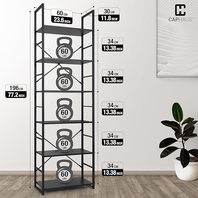 CAPHAUS 6 Tier Bookshelf, 24 Inch Width Free Standing Shelf, Bookcase Shelf Storage Organizer, Industrial Book Shelves for Home Office, Living Room, Kitchen, Black Shelves & Metal Frame