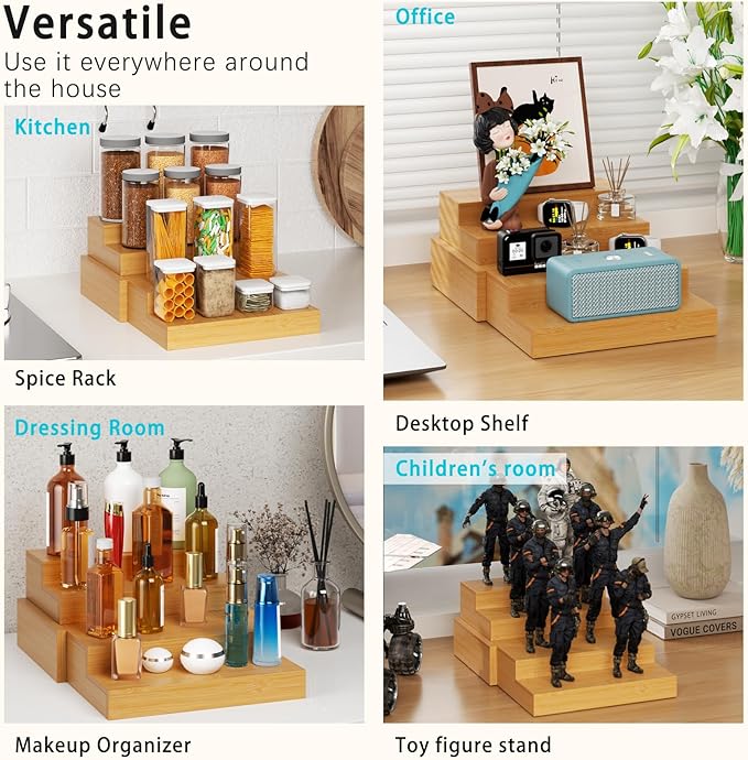 Spice Rack, Bamboo Spice Rack Kitchen Cabinet Organizer Expandable - Bamboo 4 Tier Figurine Display Shelf, Adjustable Magnetic 4 Tier Spice Racks, Brown