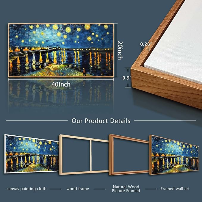 hyidecorart Wood Framed Wall Art For Living Room Large Canvas Wall Decor For Office Modern Bedroom Decoration Night Scene Wall Paintings Abstract Blue Vintage Pictures Artwork Home Decor 20x40