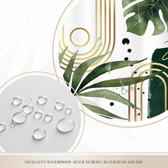 Glawry Green Gold Boho Mid Century Shower Curtain Extra Long Tropical Plant Abstract Minimalist Modern Geometric Leaf Bathroom Simple 72Wx78L Inches Bath Accessories Art Home Decor Fabric 12 Pack Hook