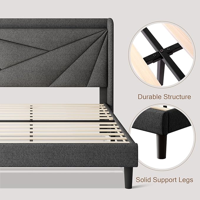 Queen Size Upholstered Bed Frame with Charging Station, Platform Bed Frame with Storage Headboard, Solid Wood Slats Support, No Box Spring Needed, Dark Gray