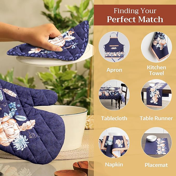 Maison d' Hermine Oven Gloves 100% Cotton Oven Mitt 7" x 13" with Loop Heat Resistant BBQ Cooking Gloves for Thanksgiving Christmas Decorations Baking Handling Hot Pans (Pack of 1, Pumpkin Blues)