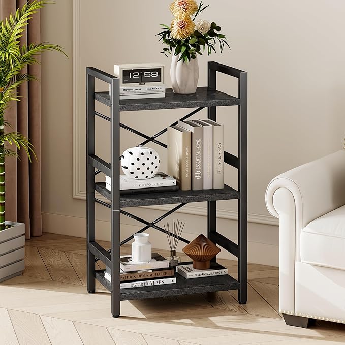 Homeiju Bookshelf, 3 Tier Industrial Bookcase, Metal Small Bookcase, Rustic Etagere Book Shelf Storage Organizer for Living Room, Bedroom, and Home Office(Black) Patent Pending D29873033
