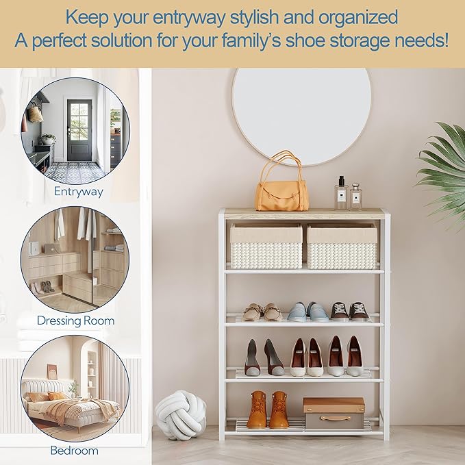 Yusong Shoe Rack Organizer, 5 Tier Industrial Shoe Storage Shelf, Narrow Sturdy Metal Shoe Shelves for Closet Entryway, White