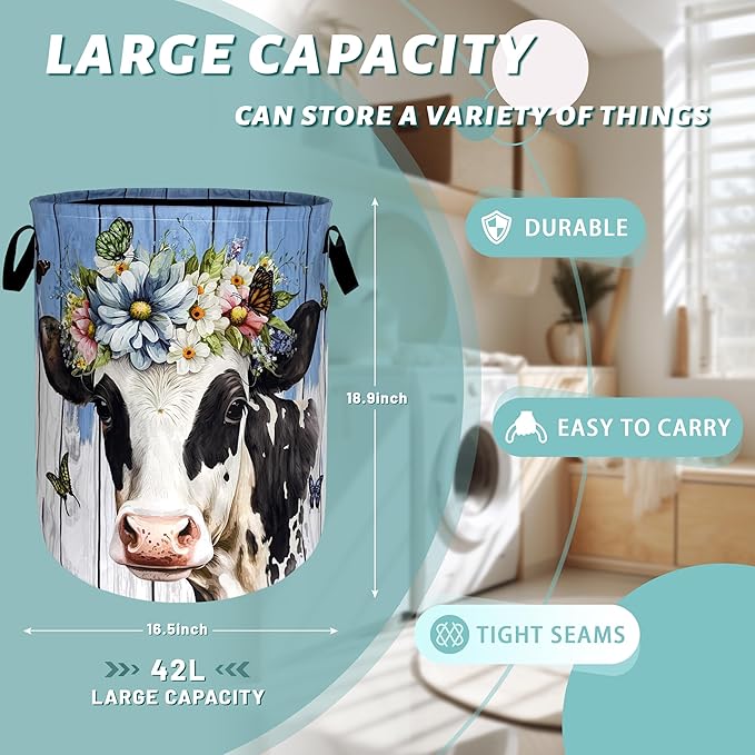 Cute Cow Laundry Basket Foldable Oxford Cloth Animal Cows Laundry Hamper With Handle Portable Clothes Storage Basket 18.9 X 16.5 Inch Storage Bag For Laundry Room/Bathroom/Bedroom