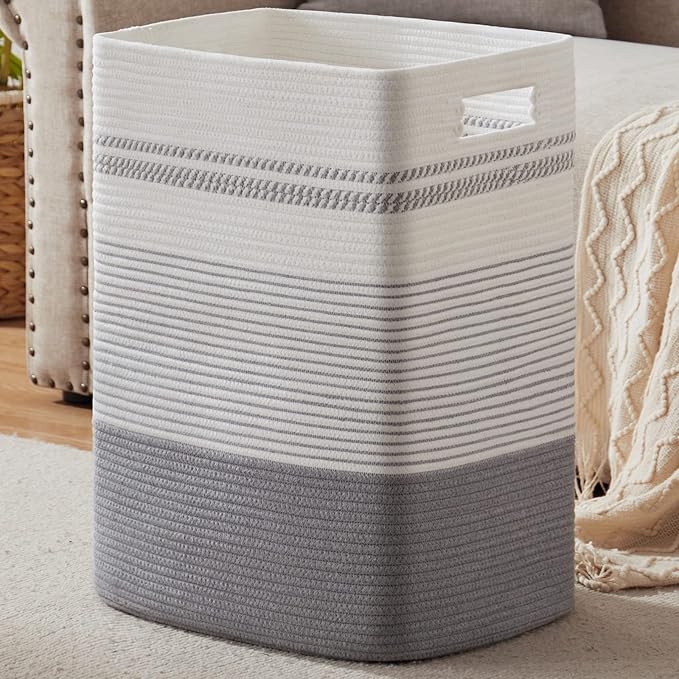 Laundry Hamper, Large Woven Rope Tall Laundry Basket with Handles, 22" X 17" X 13", Decorative Storage Basket for Clothes and Blankets in Living room, Bedroom, Grey & White