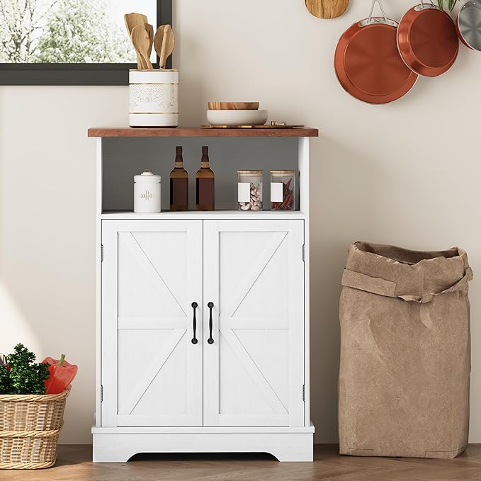 Smuxee Freestanding Cabinet Organizer, Farmhouse Style with Barn Door and Adjustable Shelf, White, for Bathroom, Kitchen, Living Room