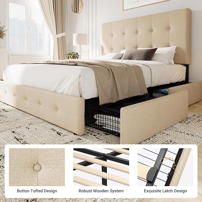 Allewie Upholstered Queen Size Platform Bed Frame with 4 Storage Drawers and Headboard, Square Stitched Button Tufted, Mattress Foundation with Wooden Slats Support, No Box Spring Needed, Beige