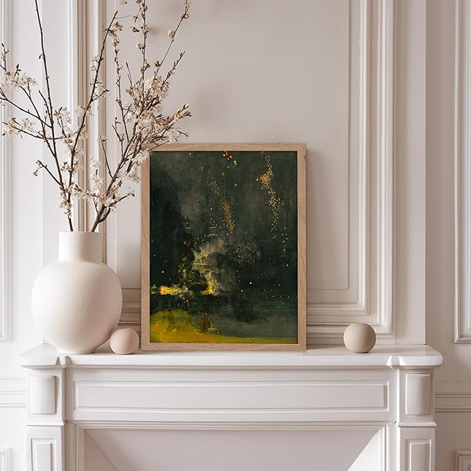 Poster Master Vintage Nocturne in Black and Gold Painting Poster - Retro The Falling Rocket Print - Abstract Art - Moody Art - Landscape Art - Office or Living Room Decor, 11x14 Beige Framed