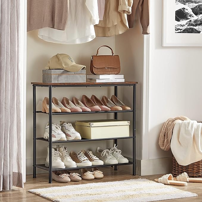 VASAGLE Shoe Rack, 4-Tier Shoe Storage Organizer for Entryway and Closet, Holds 9-12 Pairs of Shoes, 3 Fabric Shelves, Steel Frame, Industrial, Rustic Brown and Black ULBS035B01