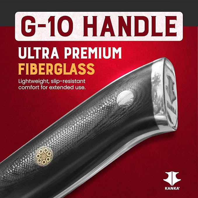 KANKA Chef Knife Damascus Steel 8" - 67 Layer Professional Steel, 10Cr Core, Razor-Sharp 62 HRC Edge, Ergonomic G-10 Fiberglass Handle, Wood Sheath INCLUDED – Chef Kitchen Knife for Precise Cutting