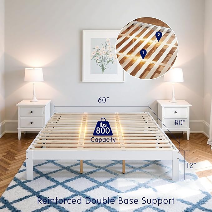 Hokway Wood Queen Bed Frame-No Wobble,Noise-Free,Easy Assembly with Precise Holes,12 in Wood Slat Support,No Box Spring Needed,White