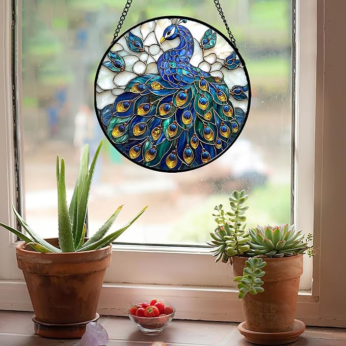 Stained Glass Window Hanging - Peacock Blue Gold Feathers Sun Catcher for Door Garden Home Decor Bird Suncatcher Christmas Mother's Day Birthday Gifts for Women Men Mom Nana 6.3 in