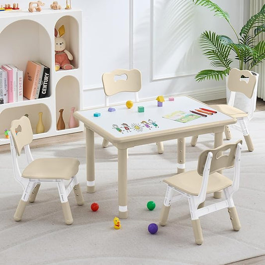 Kids Table and 4 Chairs Set, Height Adjustable (17.7"-26.1") Toddler Table and Chair Set, Multi-Activity Table with Graffiti Desktop, Children’s Table and Chairs for Classroom, Home & Daycare