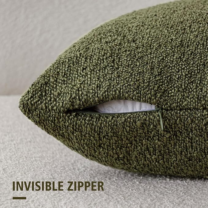 Foindtower Pack of 2, Decorative Textured Boucle Throw Pillow Covers Neutral Accent Solid Pillow Cases Cozy Soft Couch Cushion Case for Chair Sofa Bedroom Living Room Home Decor 22x22 Inch Moss Green