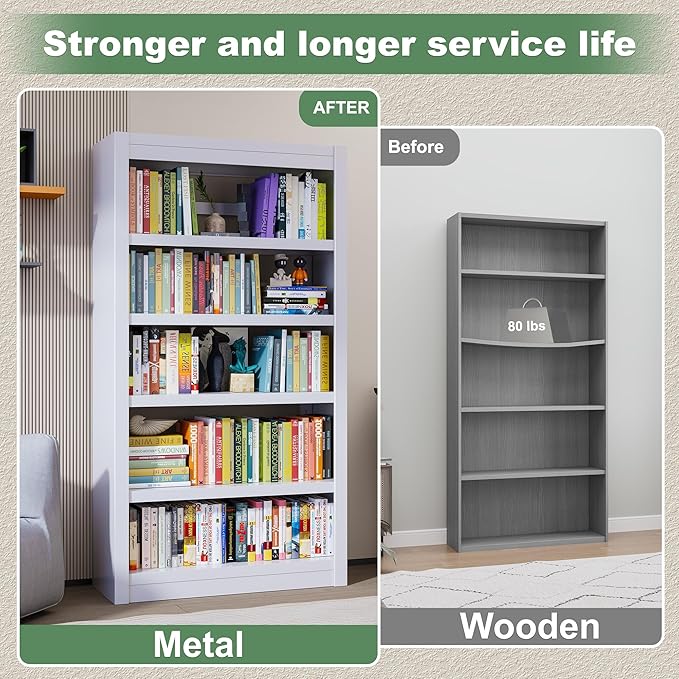 Metal Bookshelf, 5-Tier Bookcase, Modern Bookshelves with Adjustable Shelves, White Bookshelf for Home Office, Living Room, Garage, Small Space Living