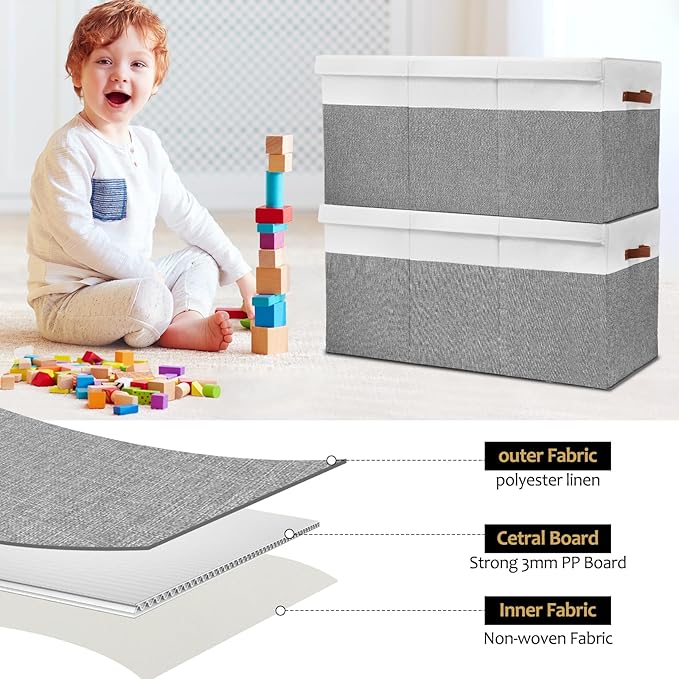 Extra Large Toy Storage Box with Lid, Sturdy Toys Storage Chest Bin Organizer Basket with Dividers for Kids, Boys, Girls, Nursery, Closet, Bedroom, Playroom 35.5"x17" x17"(Grey and White)