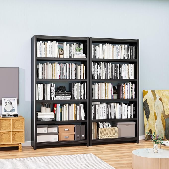 69" Metal Bookshelf,5 Tier Library Bookcase,Bedroom Bookshelves and Bookcases,Tall Book Case/Shelves for Living Room,Office,Black Large Bearing Book Shelf