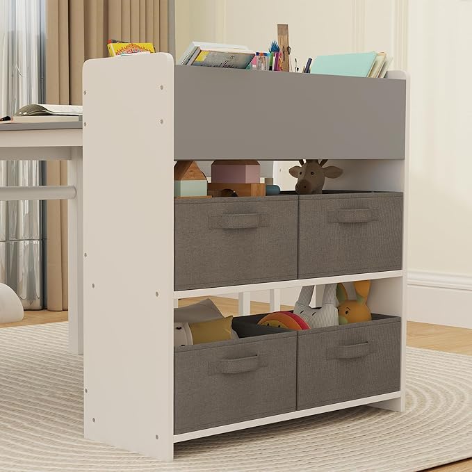 Qaba Kids Art Table & Easel Chair Set with Paper Roll, Toddler Desk and Chairs Set with Storage Shelves and Drawers, Activity Craft and Play Table for Writing Drawing Aged 3-8 Years Old, Gray