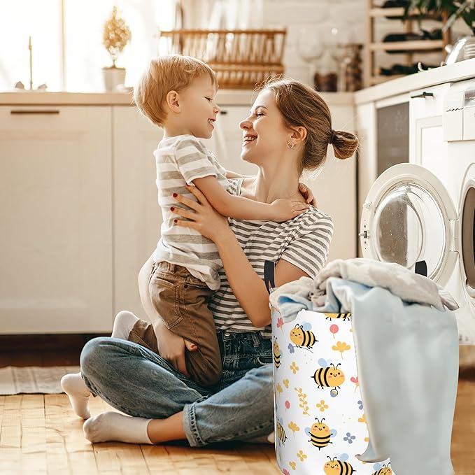 Flying Bees and Flower Laundry Basket,Waterproof Foldable Laundry Hamper,Dirty Clothes Laundry Basket, Linen Bin Storage Organizer for Toy Collection 16" x 20"