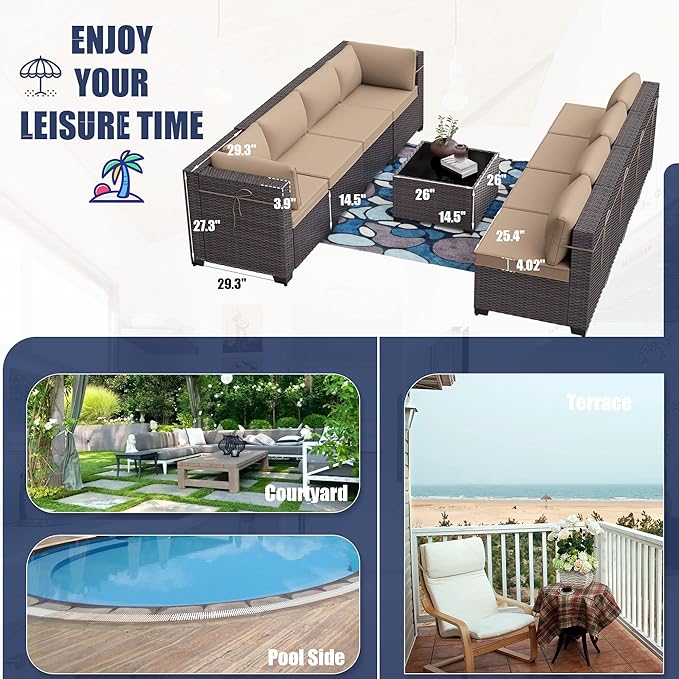 Kurapika 7 Pieces Patio Furniture Set, Rattan Wicker Outdoor Conversation Sets w/4 Inch Cushion and Glass Coffee Table(Sand)