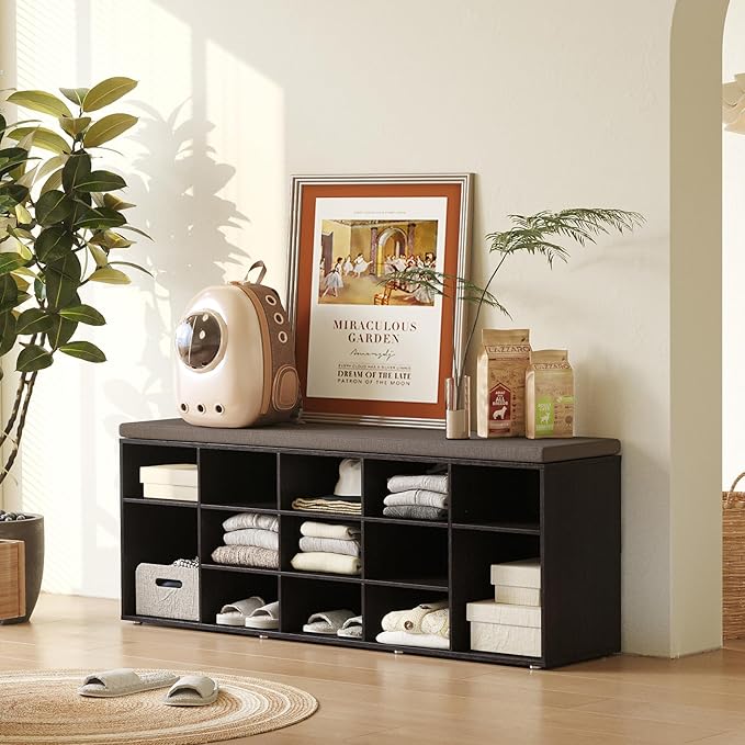 DINZI LVJ Shoe Storage Bench with Cushion, 15-Cubby Shoe Rack, Adjustable Shelves, Long Shoe Organizer Bench for Entryway, Mudroom, Hallway, Living Room, Bedroom and Garage