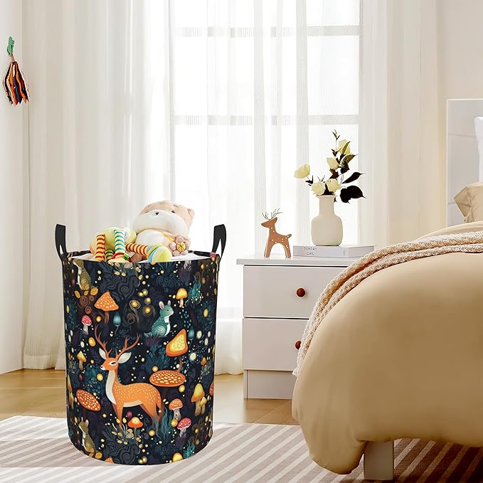 Laundry Hamper, Forest with Mushrooms Deer Laundry Basket,Waterproof Foldable Storage Bin for Bedroom,Clothes Organizer Basket,Toys Box 16x20 Inch