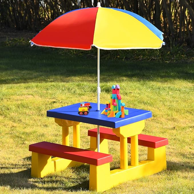 Kids Picnic Table, Toddler Picnic Table with Removable & Foldable Umbrella, Plastic Children Patio Furniture for Garden Backyard, Kids Outdoor Table, Multicolored