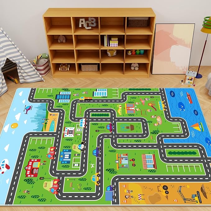 Kids Playmat Car Rug, Kids Play Rugs Town City Road Map Rug, Large Educational Car Mat, Boys Track Play Mat, Kid Rugs for Playroom Bedroom Living Room (Style 1, 59X 39.4 INCH)