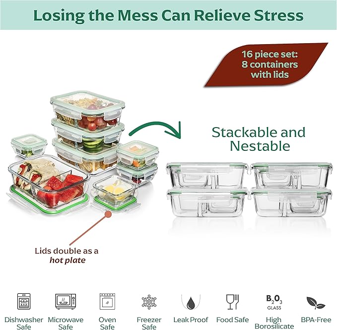 Fusion Gourmet Glass Meal Prep Containers with Lids [8 Pack, 33 oz & 4.5 oz] - 2 Compartment Divided Glass Bento Boxes for Adults, Oven Safe & Airtight