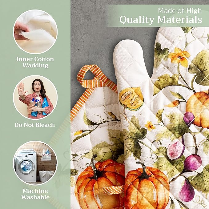 Maison d' Hermine 100% Cotton Oven Mitt & Pot Holder Set (7.5"x13" & 8"x8") Heat Resistant BBQ Cooking Gloves with Loop for Christmas Decorations Handling Hot Pans (Pumpkin Garden - Cloudy Cream)