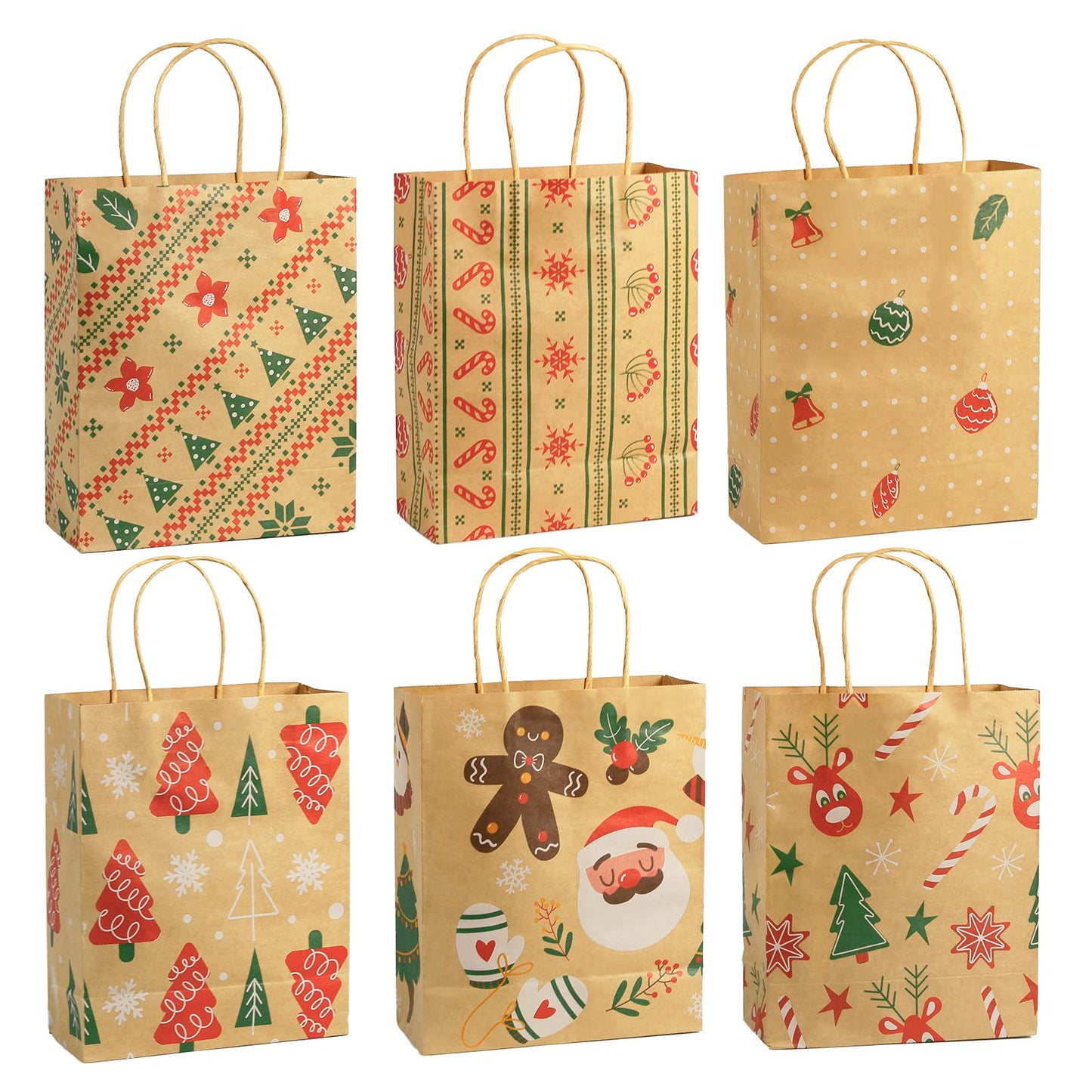 Ogrmar 24 PCS Christmas Gift Bags Kraft Holiday Wrapping Paper Bags with Christmas Prints for Holiday Party Favors Xmas Gift Box Packaging