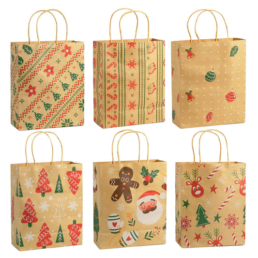 Ogrmar 24 PCS Christmas Gift Bags Kraft Holiday Wrapping Paper Bags with Christmas Prints for Holiday Party Favors Xmas Gift Box Packaging