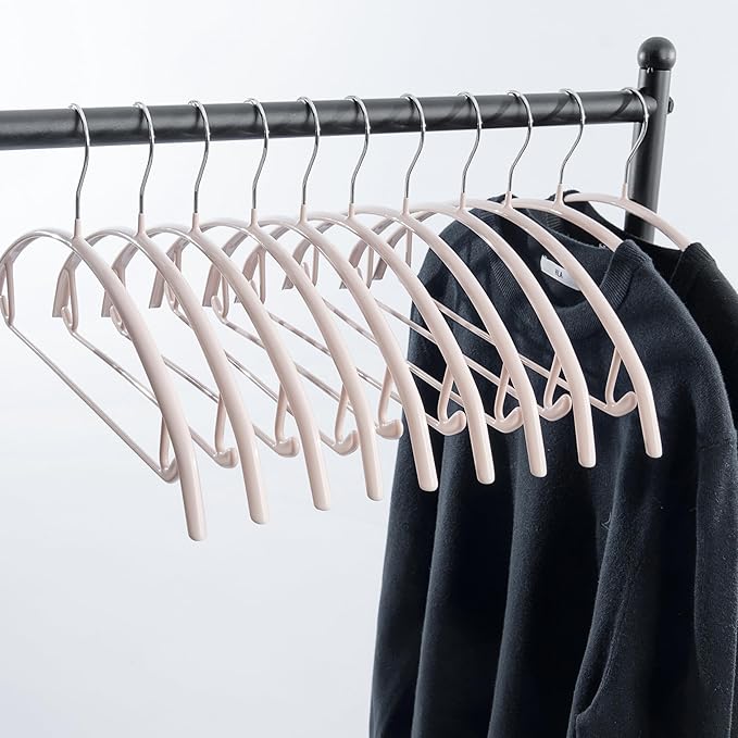 16.5 Inch Pink No Shoulder Bumps No Mark Non-Slip Rubber Coated Contour Meta Hanger for Sweater T-Shirt Suit Coat Uniform with Pants Bar Pack of 10