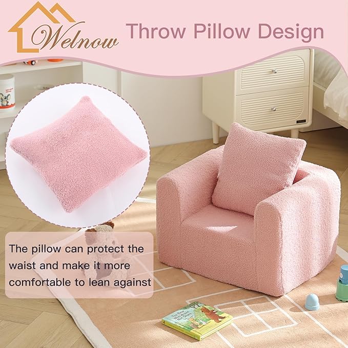 Welnow Kids Sofa with Pillow, Cozy Toddler Chair Soft Foam Seat for Reading, Children's Couch with Armrest Lightweight Comfy Kids Furniture for Bedroom, Playroom for Boys and Girls, Sherpa Pink