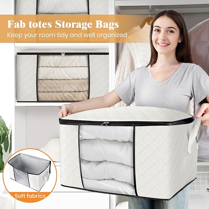 Fab totes 3 Pack Clothes Storage, Foldable Thick Fabric Blanket Storage Bags, Containers for Organizing Bedroom, Closet, Clothing, Comforter,Organization with Handle,Ivory White