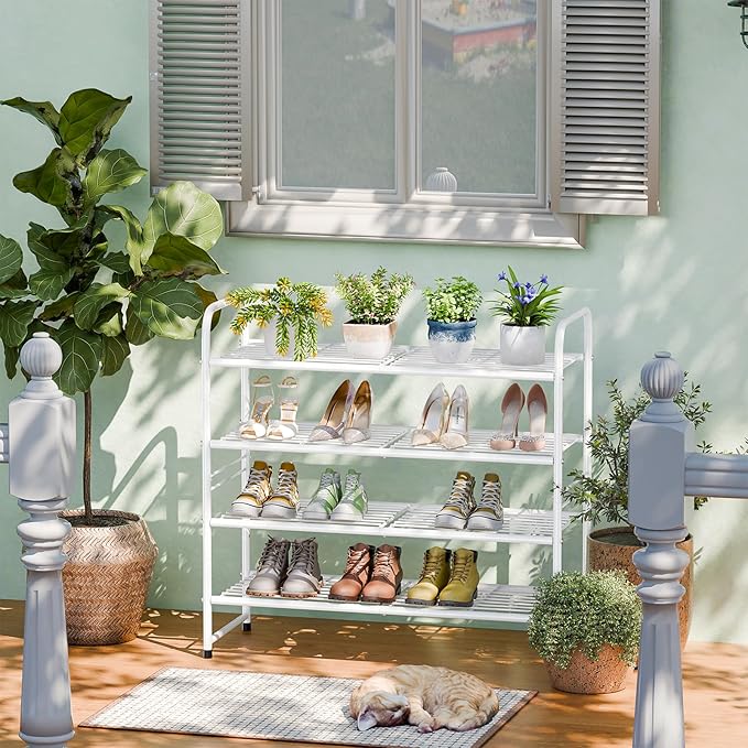 SUFAUY 4-Tier 33" Wide Shoe Rack, Closet Metal Shoe Rack Organizer Heavy Duty, Stackable, White