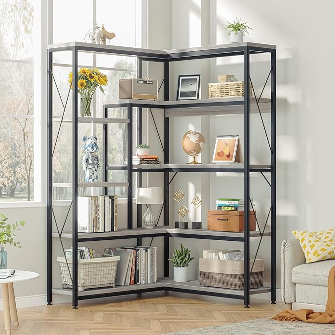 JAMFLY 5-Tier Corner Bookshelf, Industrial Corner Bookcase, Book Shelves with Metal Frame, Large Open Display Bookshelves, L-Shaped Shelf for Living Room, Bedroom, Home Office, Grey