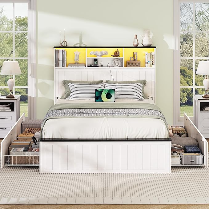 Yoobure Full Size Bed Frame with Headboard - Farmhouse Wood Bed Frames with 4 Storage Drawers, Platform Beds with Charging Station & LED Light, No Noise Double Bedframe, No Box Spring Needed, White