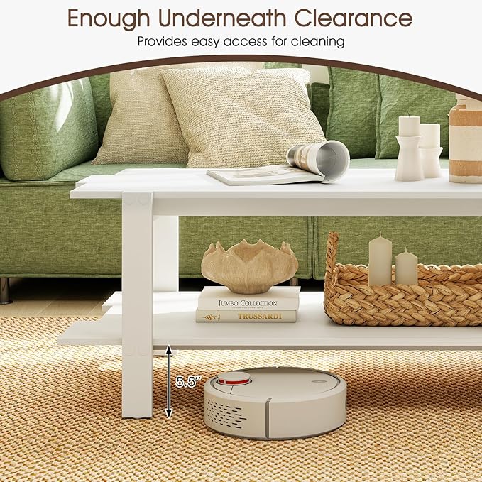 GOFLAME Wood Coffee Table with Storage, 2-Tier Irregular Center Table with Open Storage Shelf, Modern Accent Tea Table for Living Room, Home Office, Reception Room (White)