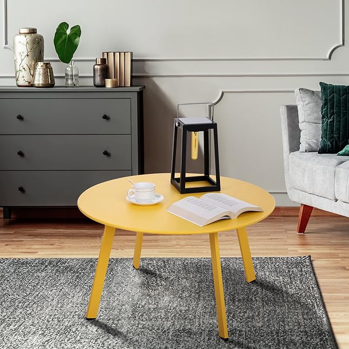 Outdoor Side Table, Outdoor/Indoor Metal Steel Patio Coffee Table, Round Weather Resistant Anti-Rust (Yellow)
