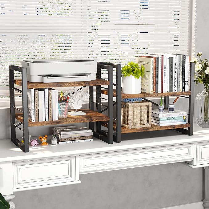 Homeiju Bookshelf, Dorm Desk Hutch, Desk Shelf Organizer, 4 Tier Stackable Bookcase, Adjustable Industrial Book Shelf Storage Organizer for Desktop, Living Room, Bedroom, Office,Rustic Black and Brown