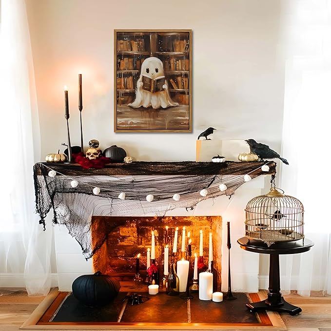 Vintage Framed Ghost Reading Books Canvas Wall Art for Home Office - Halloween Academia Cute Ghost Picture Paintings Prints, Halloween Room Aesthetic Decor for Living Room Bedroom 12x16 inch