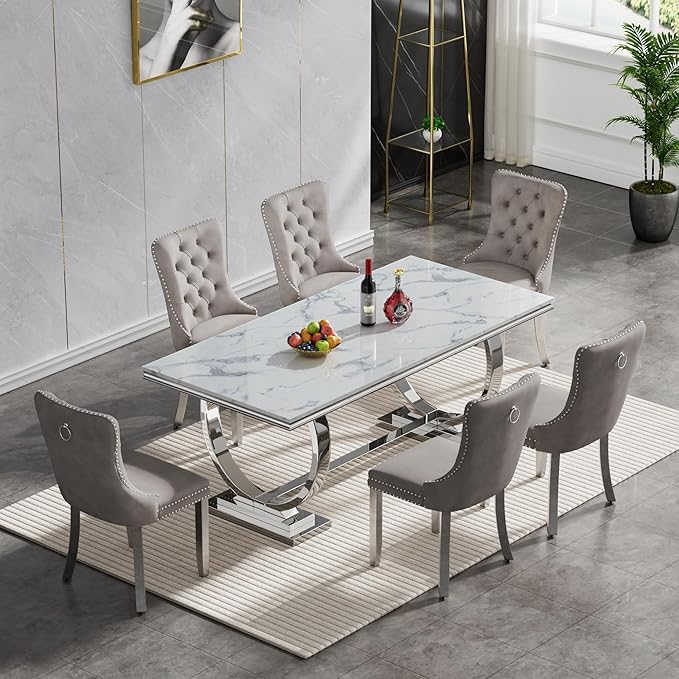 Goujxcy 7 Piece Marble Dining Table Set for 6, Luxury 70" White Marble Silver Kitchen Table with 6 Grey Velvet Upholstered Chairs, Modern 6 Person Dining Room Table Set for Kicken Dining Office Room