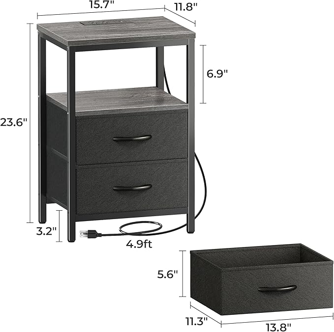 Huuger Nightstand with Charging Station, Side Table with Fabric Drawers, End Table with Open Shelf, Bedside Table with USB Ports and Outlets, Night Stand for Bedroom, Charcoal Gray