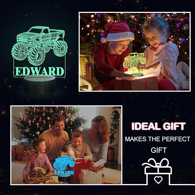 Customize Monster Truck Night Light, 3D Night Lights for Children, Monster Trucks for Boys, 16 LED Colors Changing Lighting, Car Shape Acrylic Lighting Table Desk Bedroom Decoration