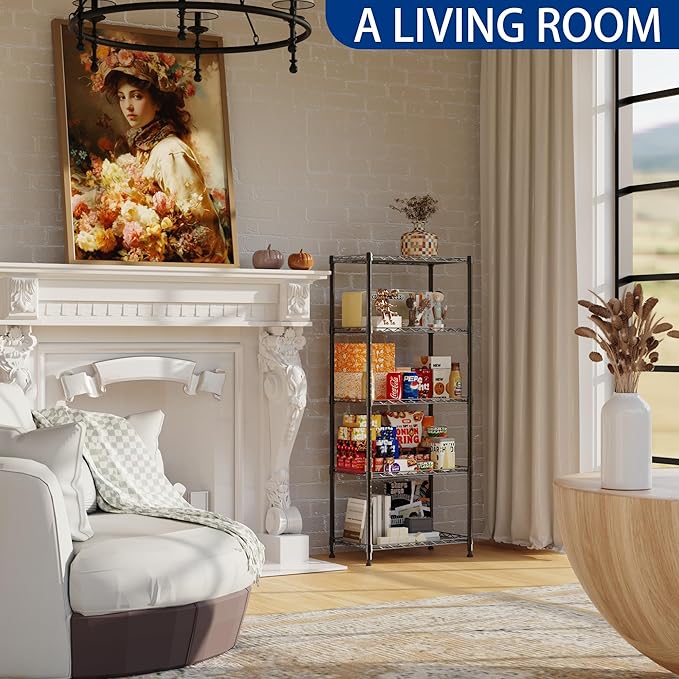 REGILLER 5-Wire Shelving Metal Storage Rack Adjustable Shelves,Standing Storage Shelf Units for Laundry Bathroom Kitchen Pantry Closet(Black,11.8" D x 21.2" W x 53.5" H)