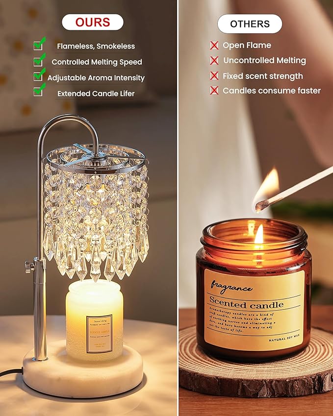 Candle Warmer Lamp with Timer Dimmer and 3 Bulbs, Candle Lamp Warmer with Marble Base for Adjustable Height, Crystal Candle Lamp for Jar Candles, House Warming Gifts Home Room Decor, Silver