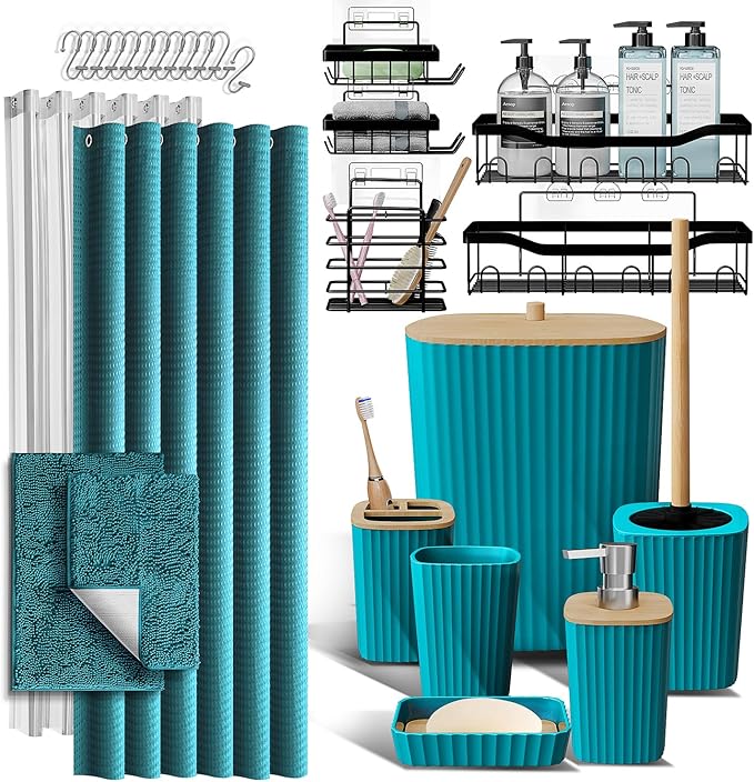 Bathroom Accessories Set with Shower Caddy and Bath Rugs, 27PC Bathroom Accessory Set with Shower Caddies Teal Bath Rugs, Shower Curtain Set, Toilet Brush, Trash Can, Soap Dispenser, Toothbrush holder
